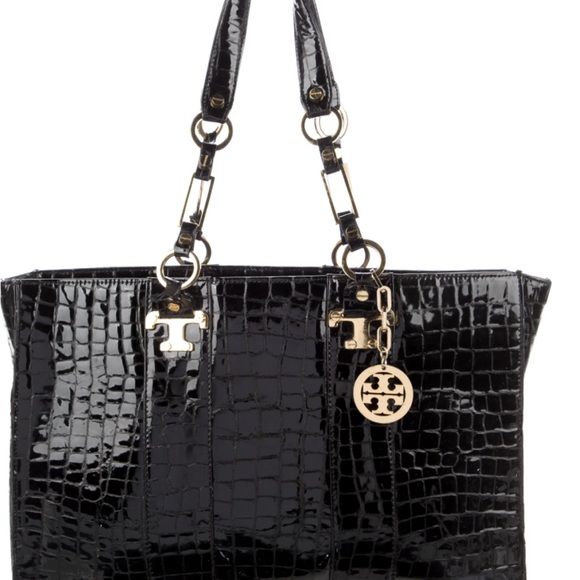 Tory Burch Black and gold Tote with Crocodile Texture - Picture 3 of 9
